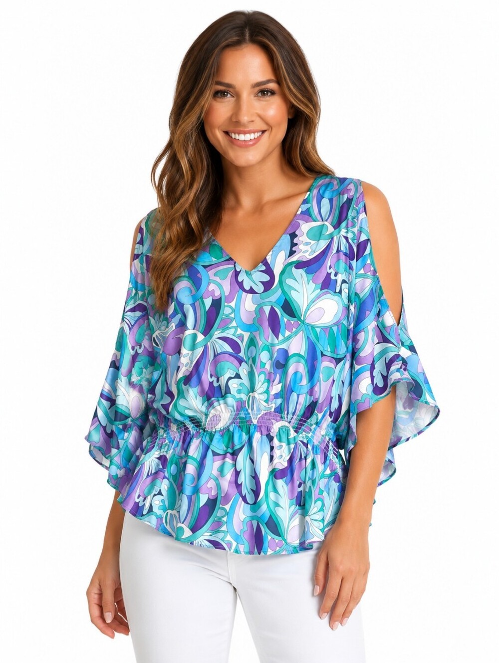 Boston Proper Maldives Abstract Print Cold Shoulder Blouson Blouse Size Large